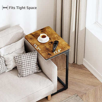 QEEIG C Shaped Side Table Set of 2 Living Room Sets Couch Tray Tables Small Farmhouse 15.7 inch Width, Rustic Brown (017-40BN)