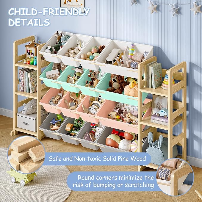 EXPERLAM Extra Large Toy Storage - Toy Storage Organizer, Wooden Toy Organizer with 6 Side Shelves and 16 Bins, 3-in-1 Bookshelf for Kids Rooms, Playroom, Nursery, Multi