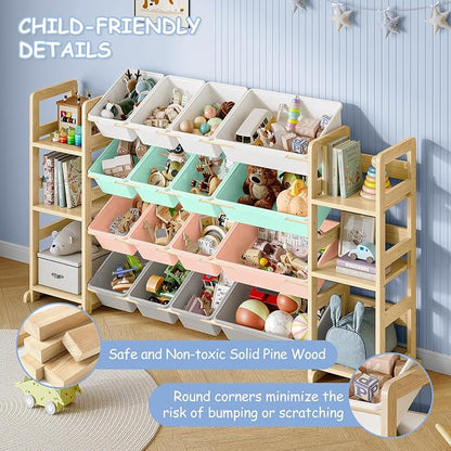 EXPERLAM Extra Large Toy Storage - Toy Storage Organizer, Wooden Toy Organizer with 6 Side Shelves and 16 Bins, 3-in-1 Bookshelf for Kids Rooms, Playroom, Nursery, Multi