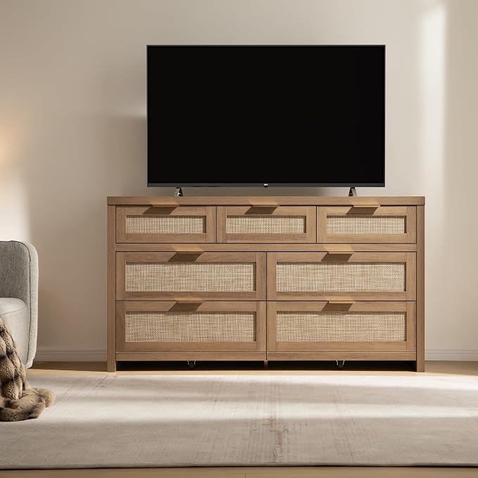 SICOTAS 7 Drawer Dresser for Bedroom, 57" Wide Rattan Dressers, Large Chest of Drawers for Bedroom, Dresser TV Stand, Boho Closet Organizer (Reclaimed Caramel Oak, 7 Drawers (1 pc))