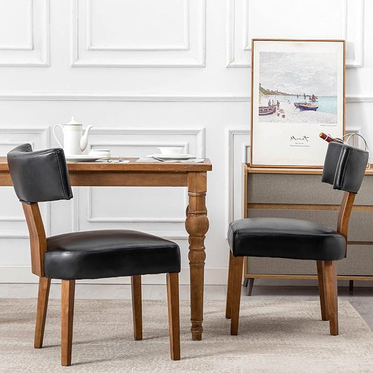 RIVOVA Mid Century Modern Dining Chairs Set of 2 PU Leather Upholstered Side Chairs, Modern Kitchen Armless Parson Chairs Solid Wood Dining Chairs, Black