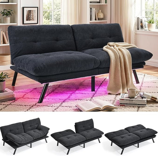 YITAHOME Convertible Futon Sofa Bed with Adjustable 3 Color Light Strip, 70" Folding Futon Set for Living Room Home Office Aprtment, Modern Futon Couch with Adjustable Backrest & Armrests, Black