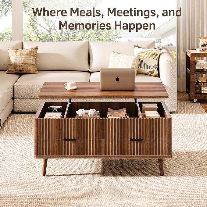 Lift Top Coffee Table with Storage - Fluted Wood Coffee Tables for Living Room with Drawers & Hidden Compartment, Mid Century Modern Square Large Center Table for Home Office Reception Walnut