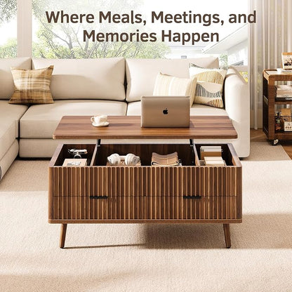 Lift Top Coffee Table with Storage - Fluted Wood Coffee Tables for Living Room with Drawers & Hidden Compartment, Mid Century Modern Square Large Center Table for Home Office Reception Walnut