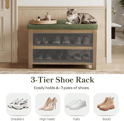 Zihanhome 2 Tier Shoe Rack Bench with Cushion, Solid Wood Shoe Benches, Mid-Century Modern Shoe Storage Bench for Entryway, Hallway, Living Room, Closet, Front Door Entrance, (Green, 31.5")