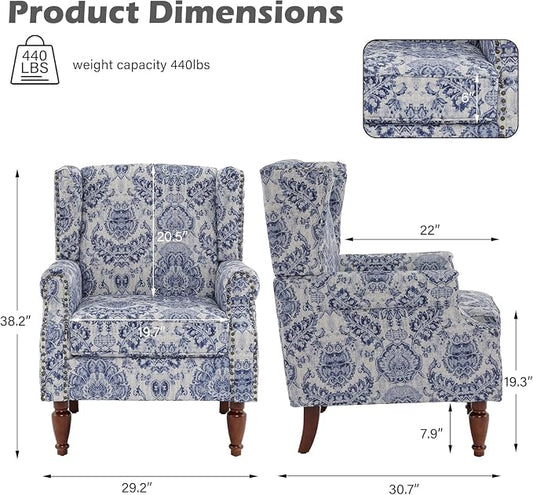 High Back Accent Chair, Fabric Upholstered Armchair Floral Wingback Chair for Living Room, Comfy Solid Wood Legs Bedroom Reading Seat - Navy