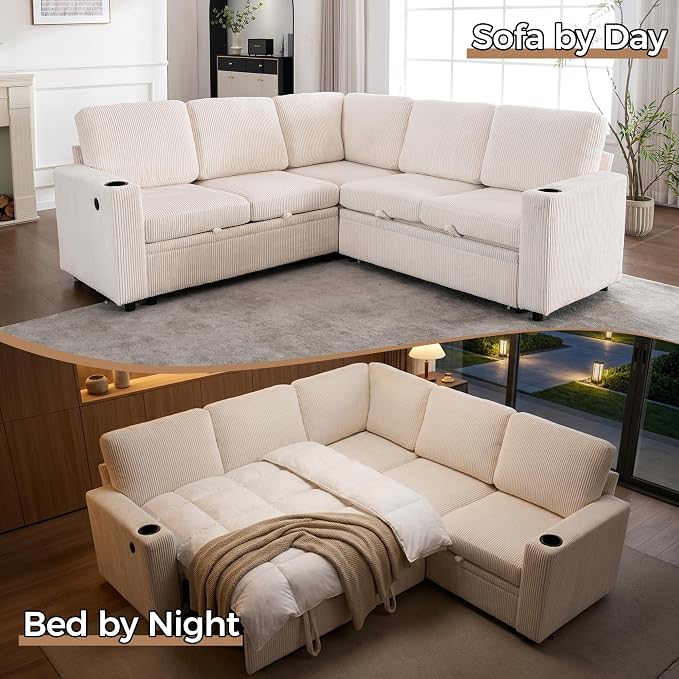 Sectional Sleeper Sofa with Pull Out Bed, Plush Corduroy L Shaped Corner Couch with Storage, USB Ports, Cup Holders, Comfy Sectional Couches for Living Room, White