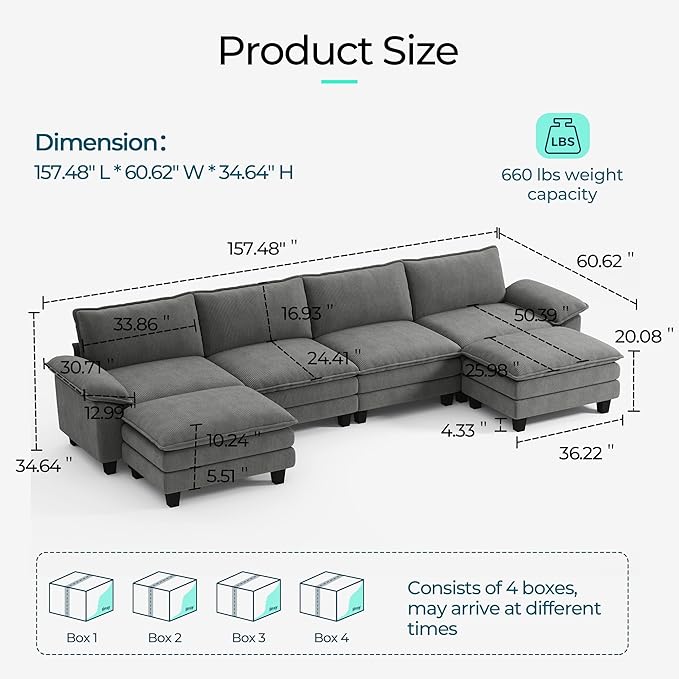 LINSY HOME 157'' Modular Sectional Sofa 4 Seat Couch Corduroy Cloud Couch with Deep Seat, Modern U-Shaped Cloud Couch with 2 Movable Ottoman for Living Room, Office, Bedroom, Grey