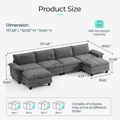 LINSY HOME 157'' Modular Sectional Sofa 4 Seat Couch Corduroy Cloud Couch with Deep Seat, Modern U-Shaped Cloud Couch with 2 Movable Ottoman for Living Room, Office, Bedroom, Grey