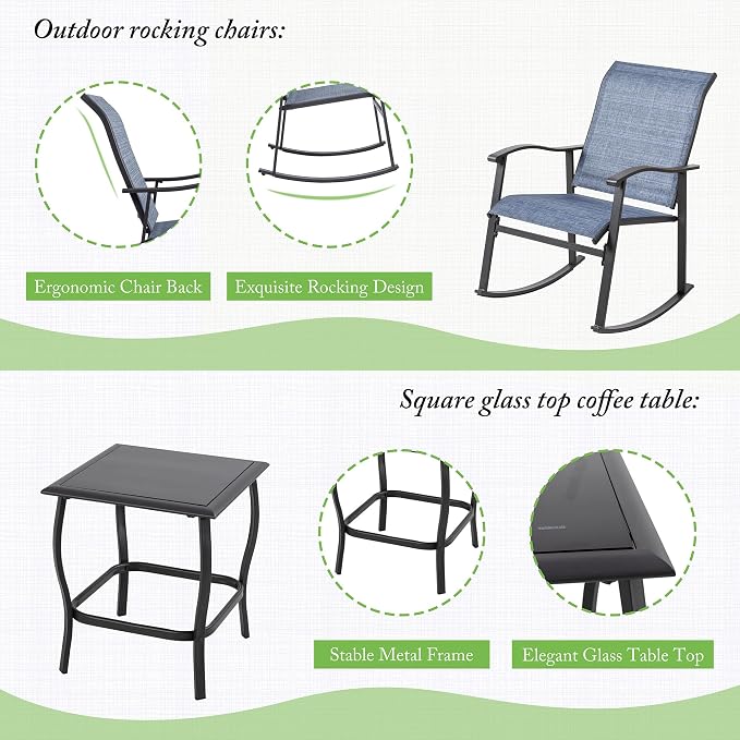 Shintenchi Rocking Chair Outdoor with Table, 3 Piece Rocking Patio Bistro Set, Outdoor Furniture Set with Metal Frame and Textilene Fabric for Small Space, Dark Blue