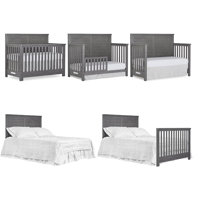 Evolur Belmar Flat 5-in-1 Convertible Full-Size Baby Crib in Rustic Grey, GreenGuard Gold & JPMA, Converts to Toddler, Day & Full-Size Bed, 3 Mattress Heights Crafted in Kiln-Dried Hardwood