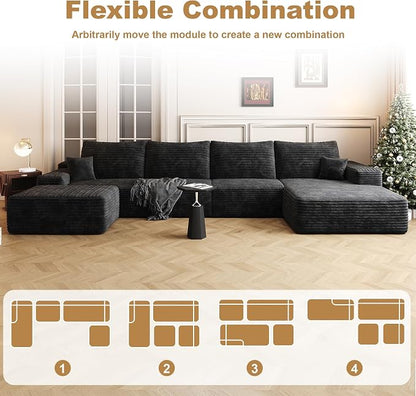 AUGOP 136" Sectional Couches for Living Room Modern Modular Sofa with L-Shape Couchs Upholstered Boneless Couch Deep Seat Sectional Couch with Chaise (Black, Right Facing Chaise+3Seaters+Ottoman)