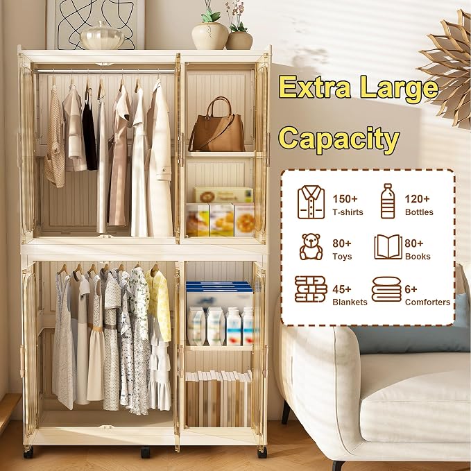Portable Wardrobe Closet Organizer, Large Kids Wardrobe Closet with Magnetic Doors and Wheels, Collapsible Plastic Baby Clothes Storage Cabinet, 4 Cubes and 2 Wardrobes (17.7"D x 36.2"W x 62.2"H)