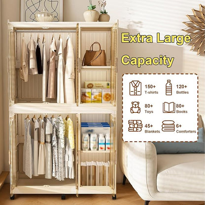 Portable Wardrobe Closet Organizer, Large Kids Wardrobe Closet with Magnetic Doors and Wheels, Collapsible Plastic Baby Clothes Storage Cabinet, 4 Cubes and 2 Wardrobes (17.7"D x 36.2"W x 62.2"H)