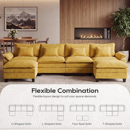 URRED Oversized Modular Sectional Sofa, 157" U Shaped Modern Comfy Cloud Couch with Movable Ottoman & Pillows, Deep Seat Couches for Living Room, Bedroom or Apartment (Chenille Yellow, 157" U Shaped)