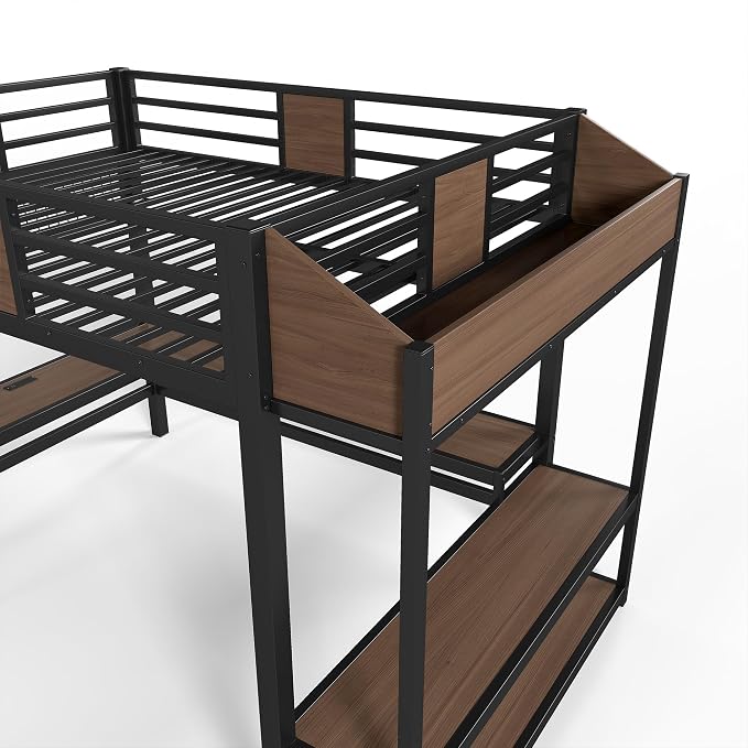 Bellemave Queen Size Loft Bed with Desk and USB Ports, Clothes Hanging Rod, LED, Metal Full Loft Bed Frame for Adults, Kids, Teens, Black