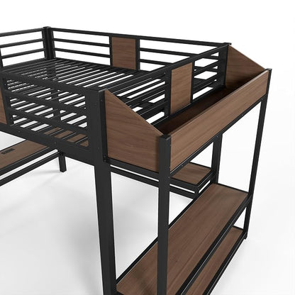 Bellemave Queen Size Loft Bed with Desk and USB Ports, Clothes Hanging Rod, LED, Metal Full Loft Bed Frame for Adults, Kids, Teens, Black