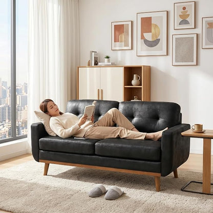 Ball & Cast 65" Loveseat Sofa,Mid Century Modern Love Seat Couches for Living Room,Button Tufted Upholstered Small Couch with Solid Wood Legs for Bedroom,Apartment,Office,Fabric,Black