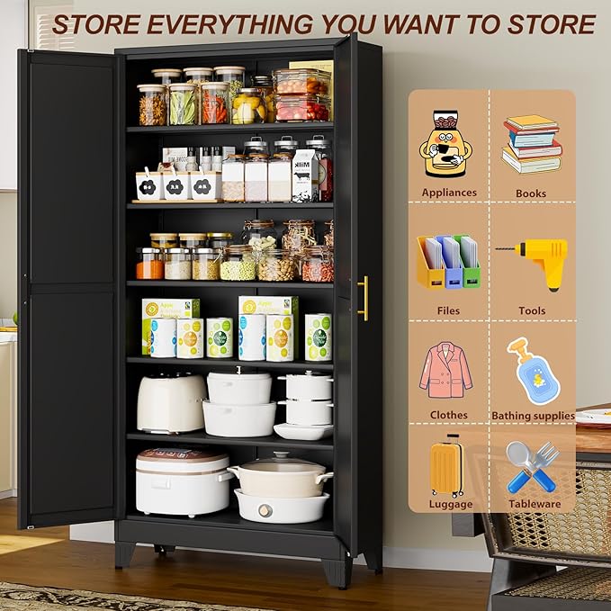 75" Black Tall Metal Storage Cabinet with 2 Doors and 5 Adjustable Shelves,Steel Garage Tool Cabinet, File Cabinet,Kitchen Pantry Cabinet for Home,Office,Garage,School,Warehouse