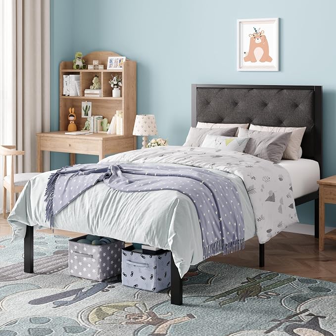 SHA CERLIN Twin Size Metal Bed Frame with Linen Tufted Headboard, Dark Gray | Modern Design Heavy-Duty Platform Bed, No Box Spring Need, Linen Fabric Upholstery, Noise Free, Easy Assembly