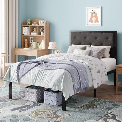 SHA CERLIN Twin Size Metal Bed Frame with Linen Tufted Headboard, Dark Gray | Modern Design Heavy-Duty Platform Bed, No Box Spring Need, Linen Fabric Upholstery, Noise Free, Easy Assembly