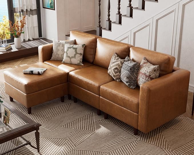 ABCASA L-Shaped Leather Couch, 4 Seater Oversized Faux Leather Couch with Waterproof Covers, Modular Sectional Modern Couch with Movable Storage Seat Ottoman for Living Room, Bedroom Apartment,Brown