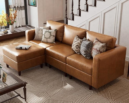 ABCASA L-Shaped Leather Couch, 4 Seater Oversized Faux Leather Couch with Waterproof Covers, Modular Sectional Modern Couch with Movable Storage Seat Ottoman for Living Room, Bedroom Apartment,Brown