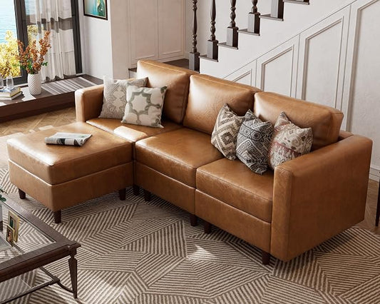 ABCASA L-Shaped Leather Couch, 4 Seater Oversized Faux Leather Couch with Waterproof Covers, Modular Sectional Modern Couch with Movable Storage Seat Ottoman for Living Room, Bedroom Apartment,Brown