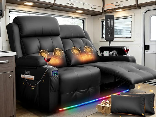 Power Loveseat Recliner with 2-Point Graphene Heat & Massage, Under-Seat Multi‑Color Adjustable LED Light Strips, Foldable Armrest, USB A/C, Wall Hugger Recliner Couch for RV Home Theater