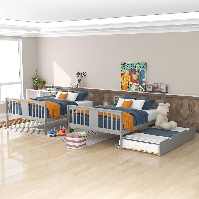 Merax Full-Over-Full Bunk Bed with Twin Trundle, Solid Wood Bunk Bed Frame with Guardrail and Removable Ladder, Can be Separated into 2 Beds, Grey