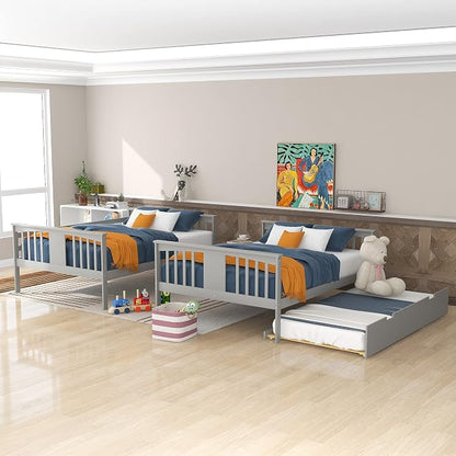 Merax Full-Over-Full Bunk Bed with Twin Trundle, Solid Wood Bunk Bed Frame with Guardrail and Removable Ladder, Can be Separated into 2 Beds, Grey