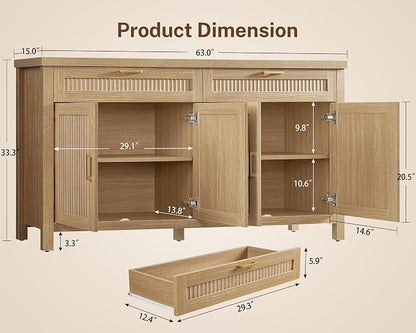 usikey 63" Buffet Cabinet with Storage, Large Sideboard Buffet Cabinet with 2 Adjustable Shelves and 2 Drawers, Modern Fluted Coffee Bar for Kitchen, Living Room, Natural
