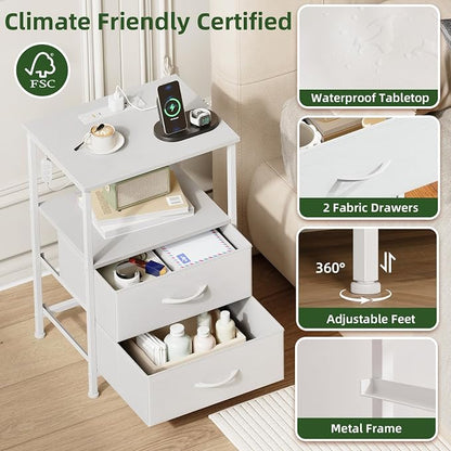 Somdot Nightstands Set of 2,End Tables with Charging Station and LED Lights,Night Stand with 2 Fabric Drawers, End Table with Open Shelf, Small Nightstand for Bedroom, White Leather