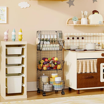 Sonyabecca Outdoor Toy Storage Basket, Play Kitchen Organizer with 5 S-Hooks,3 Tier Rolling Storage Cart Garage, Pantry Floor Snack Cart with Wheels,Toy Shelf Dog Storage Organizer Kids Bookshelf