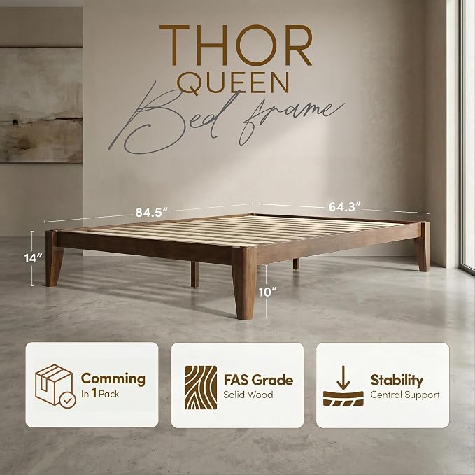 Thor Premium Solid Wood Bed Frame Queen, Japanese Joinery Bed Frame with Wood Slat Support, Platform Bed, No Box Spring Needed, Easy Assembly, Minimalist & Modern Style (Walnut)