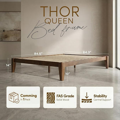 Thor Premium Solid Wood Bed Frame Queen, Japanese Joinery Bed Frame with Wood Slat Support, Platform Bed, No Box Spring Needed, Easy Assembly, Minimalist & Modern Style (Walnut)