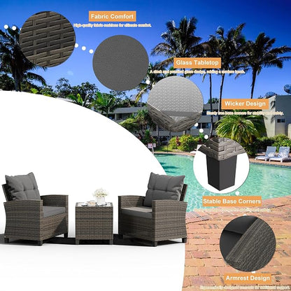 Shintenchi 3 Pieces Patio Furniture Set 3 Pieces PE Rattan Wicker Chairs with Table Outdoor Furniture for Backyard/Garden/Poolside/Outdoor Restaurant Gary Rattan with Gary Cushion