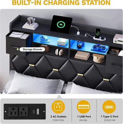 YITAHOME Full Size Bed Frame with 2 Storage Drawers and Storage Headboard, Upholstered Platform with Charging Station and LED Light, No Box Spring Needed, Noise Free, Easy Assembly, PU Leather Black