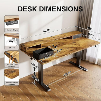 Veken 63x28 in Electric Standing Desk with Drawers, Adjustable Table, Brown | Stand up Computer Desk for Home Office, Work & Study, with Storage, 3 Memory Presets, Cable Organizer, Hook, and Quiet Lift.