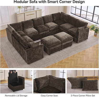 130" Brown Oversized Modular Storage Sofa, U Shaped Chenille Cloud Couch | Oversized Convertible Sectional Sofa, 9-Seat Sectional Couch With 2 Ottomans, Large Cloud Couch For Living Room, Apartment.