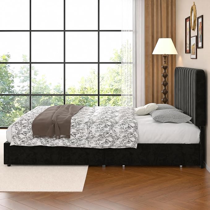 VECELO Full Size Upholstered Bed Frame with 4 Drawers and Headboard, Velvet Platform Storage Bedframe, Wooden Slats Support, No Box Spring Needed,Black