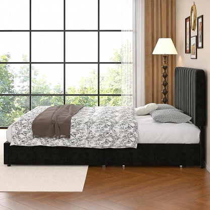 VECELO Full Size Upholstered Bed Frame with 4 Drawers and Headboard, Velvet Platform Storage Bedframe, Wooden Slats Support, No Box Spring Needed,Black