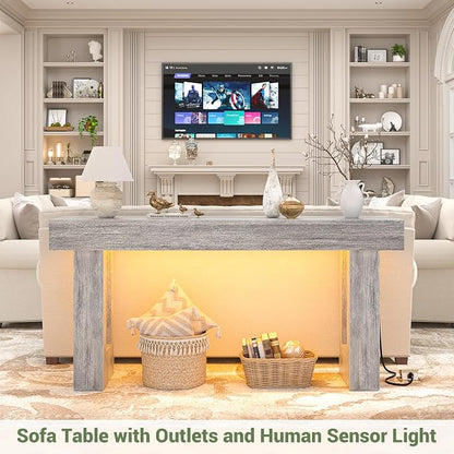Unikito 63'' Farmhouse Console Table with Power Outlets and Sensor Light, Wooden Entryway Table with Storage, Rectangular Sofa Tables Behind The Couch for Entrance, Hallway, Living Room, Oak