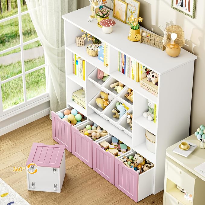 FINETONES Toy Storage Organizer with 6 Toy Bins, Toy Organizer Kids Bookshelf with 4 Movable Drawers and 6 Storage Cubbies, Toy Bins for Kids Organizer Playroom Storage for Living Room, Pink