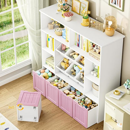 FINETONES Toy Storage Organizer with 6 Toy Bins, Toy Organizer Kids Bookshelf with 4 Movable Drawers and 6 Storage Cubbies, Toy Bins for Kids Organizer Playroom Storage for Living Room, Pink