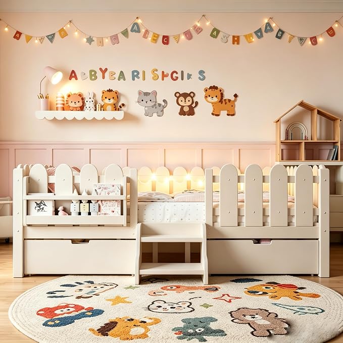 Bellemave Queen Size Platform Bed with Storage Drawers & Bookshelf for Boys Girls, Kids Queen Bed Frame with LED Lights & Stairs for Children's Room, Beige