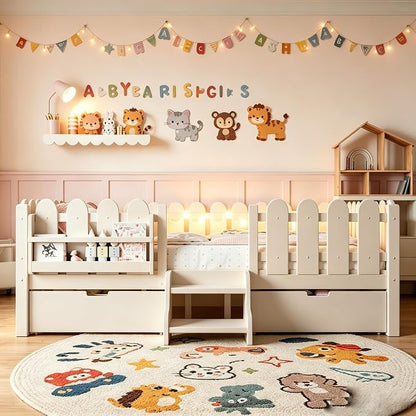 Bellemave Queen Size Platform Bed with Storage Drawers & Bookshelf for Boys Girls, Kids Queen Bed Frame with LED Lights & Stairs for Children's Room, Beige
