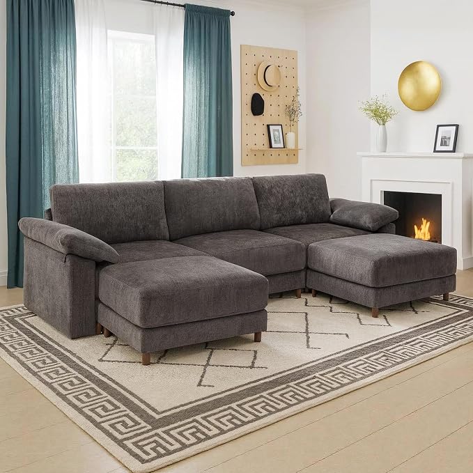Oversized Modular Cloud Couch with Removable Washable Cover, U -Shaped Sectional for Large Living Room, Plush Chenille & Deep Seat（Grey）