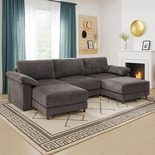 Oversized Modular Cloud Couch with Removable Washable Cover, U -Shaped Sectional for Large Living Room, Plush Chenille & Deep Seat（Grey）