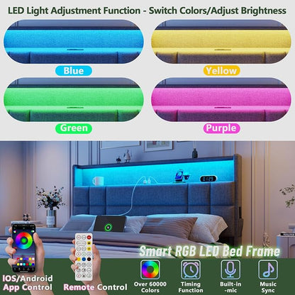 Forestell Queen Bed Frame with 4 Drawers and Storage Headboard, Grey Upholstered Platform Bed Frame Queen Size with Charging Station and LED Lights, Metal Slats Support, No Box Spring Needed